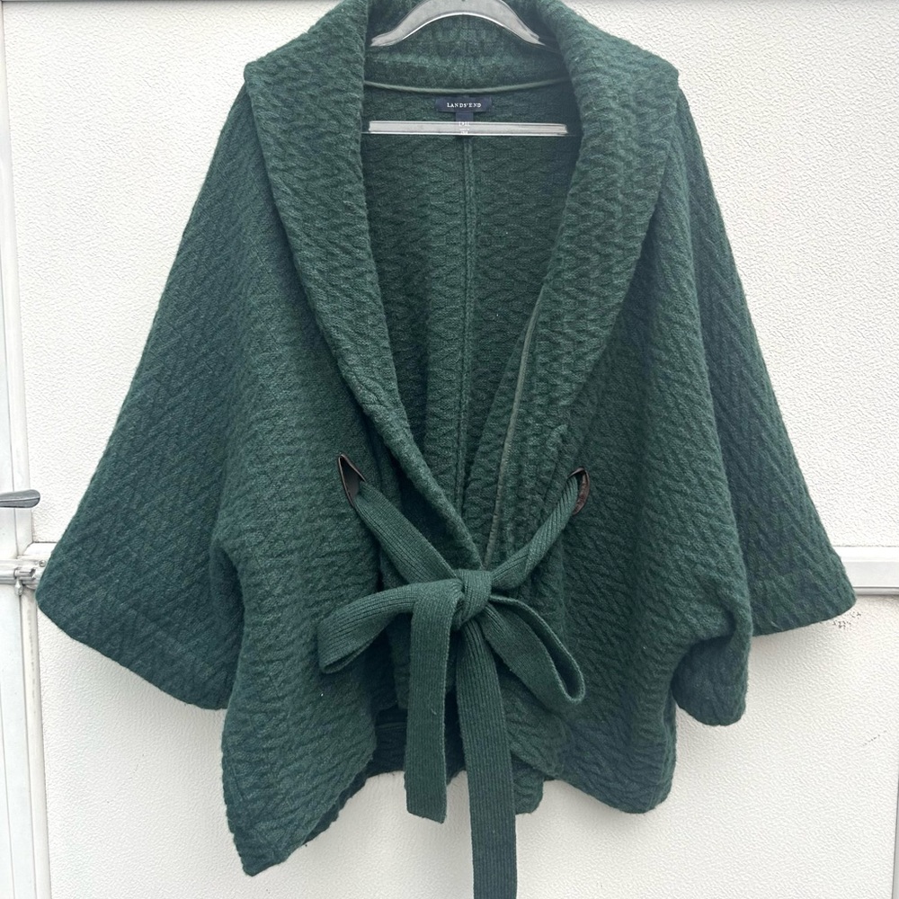 Lands End Sweater Jacket Quilted Lambs Wool Blend Women L-XL Green Belted Cozy - Picture 2 of 10